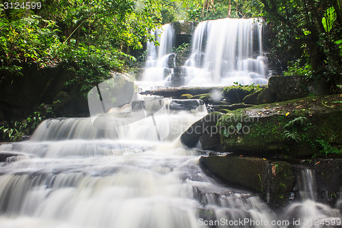 Image of waterfall and rocks covered with moss