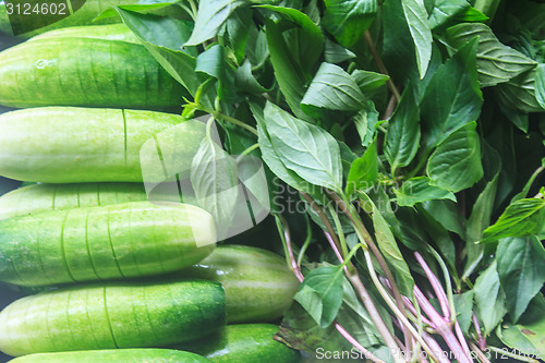 Image of cucumber with basil leaves in plat