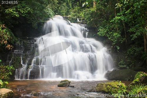 Image of waterfall and rocks covered with moss