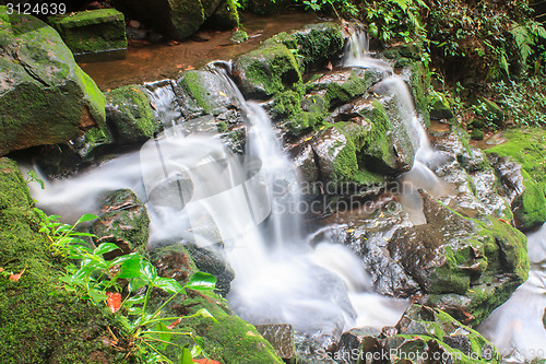 Image of waterfall and rocks covered with moss