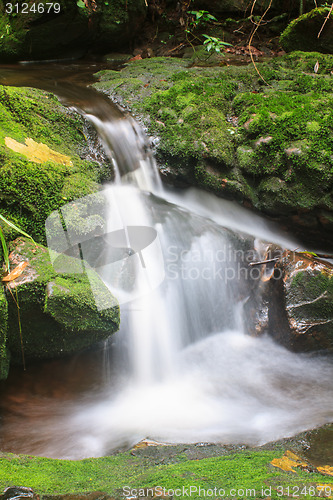 Image of waterfall and rocks covered with moss