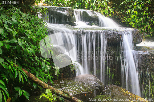 Image of waterfall and rocks covered with moss