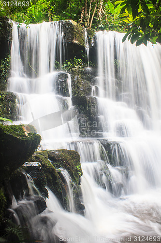 Image of waterfall and rocks covered with moss