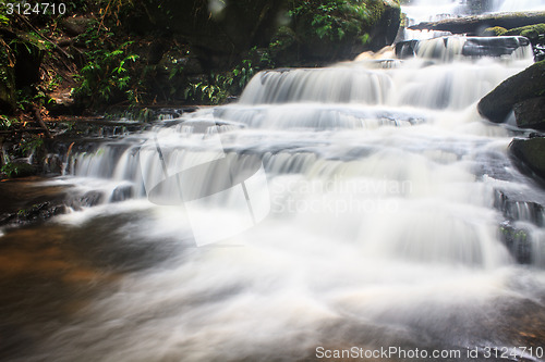 Image of waterfall and rocks covered with moss