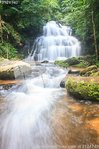 Image of waterfall and rocks covered with moss