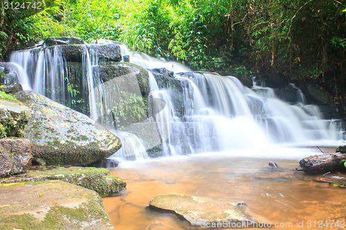 Image of waterfall and rocks covered with moss