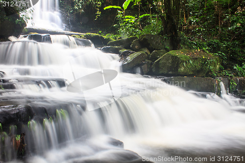 Image of waterfall and rocks covered with moss