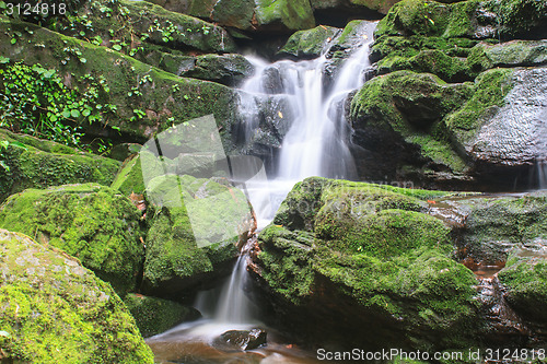 Image of waterfall and rocks covered with moss