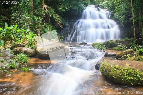 Image of waterfall and rocks covered with moss