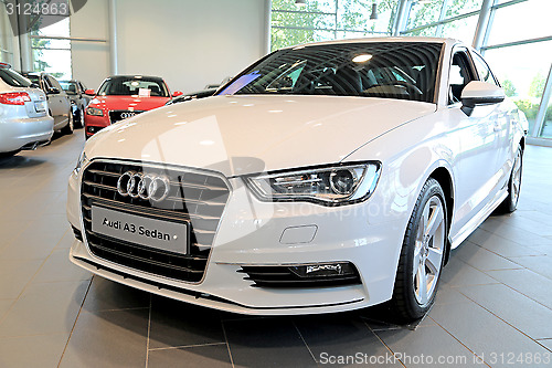 Image of White Audi A3 Sedan On Display