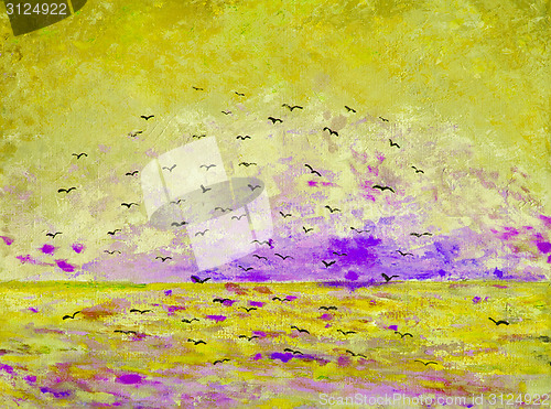 Image of Sunset at the sea, birds in the sky