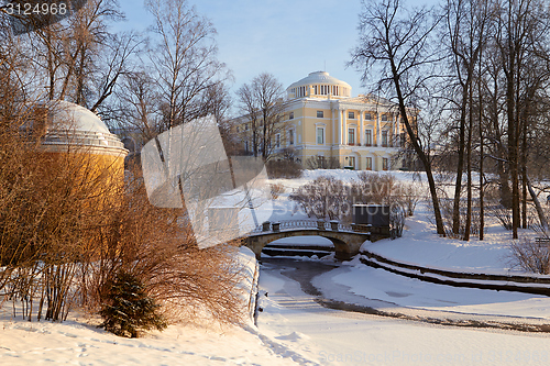 Image of Winter view of the Big palace through park trees. Pavlovsk, St.Petersburg, Russia