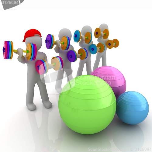 Image of 3d mans with fitness balls and dumbells