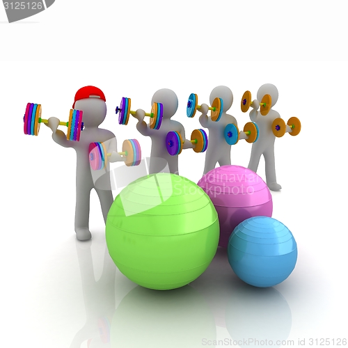 Image of 3d mans with fitness balls and dumbells