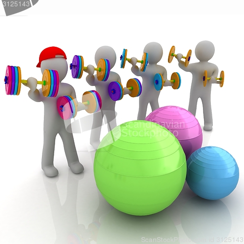 Image of 3d mans with fitness balls and dumbells