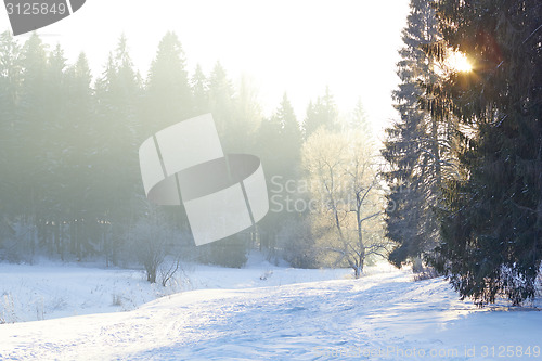 Image of sunrays over fog on river in winter forest