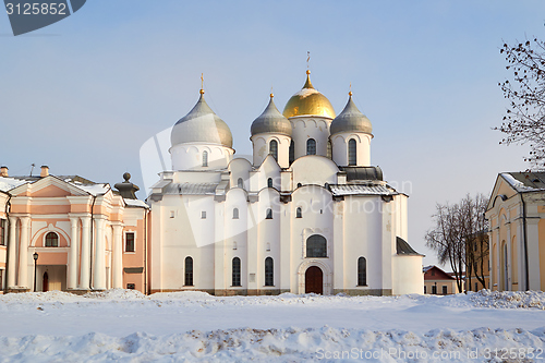 Image of oldest in Russia Cathedral of St. Sophia. Veliky Novgorod at sunny winter day