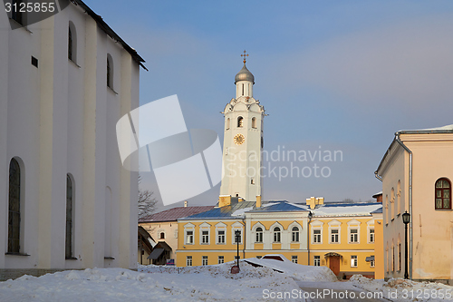 Image of Clock tower in Novgorod Kremlin, Veliky Novgorod, Russia. Winter