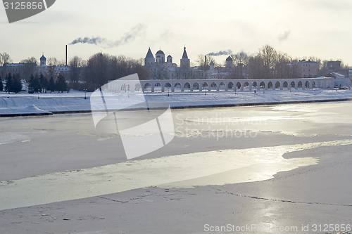 Image of Winter View of the Yaroslav's Court in Veliky Novgorod, Russia.