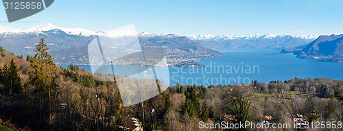 Image of panorama of clear blue wide Lake -  Varese,  Lombardy, Italy