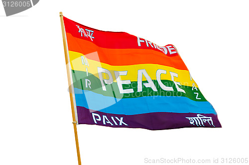 Image of Rainbow varicolored pacifist flag with multilingual peace text i