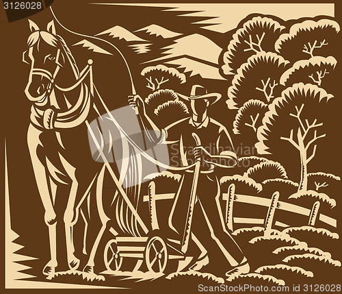 Image of Farmer Farming Plowing With Farm Horse Woodcut