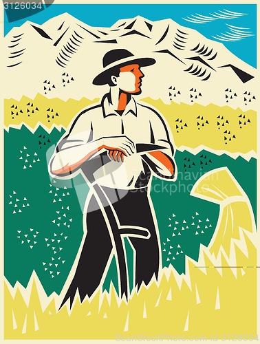 Image of Farmer Standing With Scythe Field Woodcut