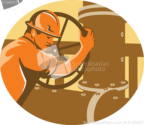 Image of Gas and Oil Worker Closing Pipeline Pipe Valve