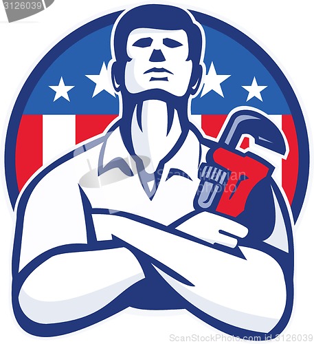 Image of Plumber With Monkey Wrench American Flag retro