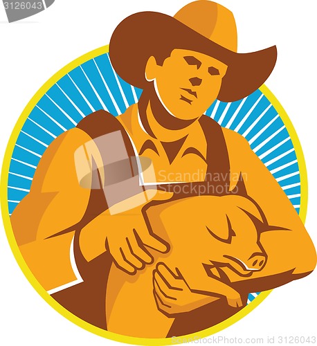 Image of Pig Farmer Holding Piglet Front Retro