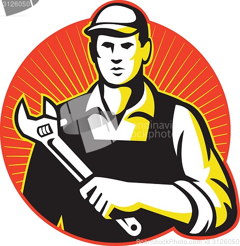 Image of Mechanic Repairman With Adjustable Wrench Retro