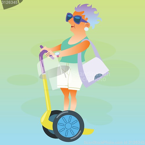 Image of Female pensioner in the vacation goes on electric scooter