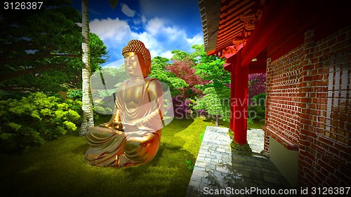 Image of Buddha Statue in Japanese garden