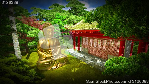 Image of Buddha Statue in Japanese garden