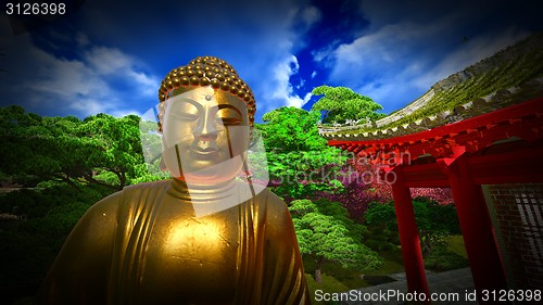 Image of Buddha Statue in Japanese garden