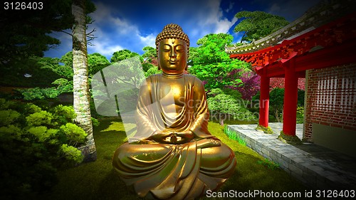 Image of Buddha Statue in Japanese garden