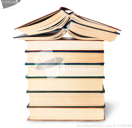 Image of Stack of six old books with two open top