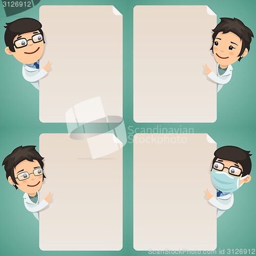 Image of Doctors Cartoon Characters Looking at Blank Poster Set