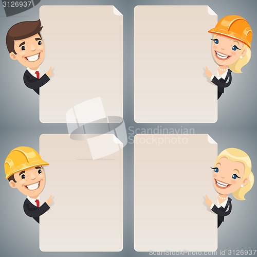 Image of Businessmen Cartoon Characters Looking at Blank Poster Set