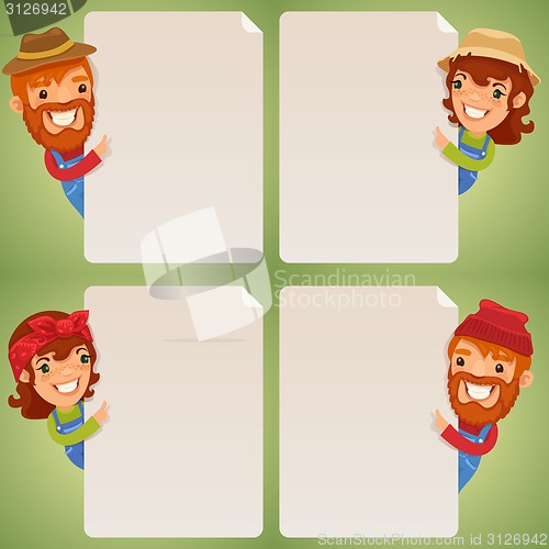 Image of Farmers Cartoon Characters Looking at Blank Poster Set