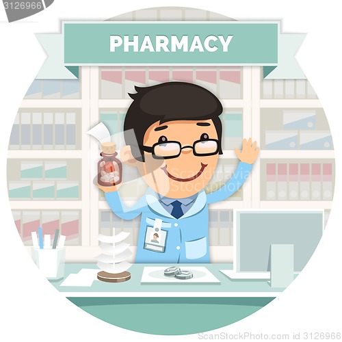Image of Apothecary behind the Counter at Pharmacy Round Banner