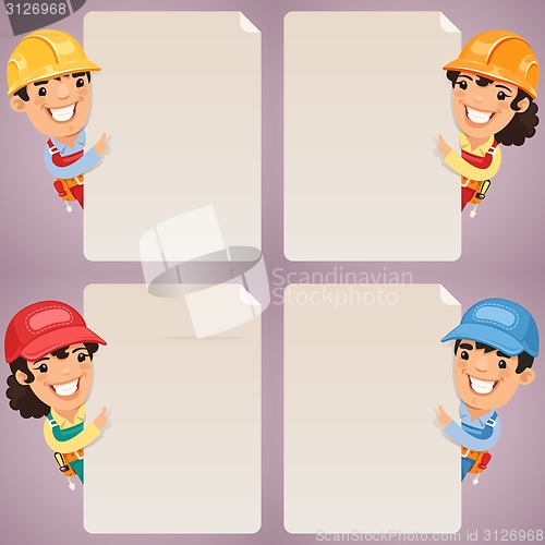 Image of Builders Cartoon Characters Looking at Blank Poster Set