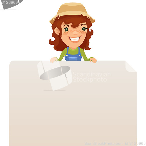 Image of Female Farmer looking at Blank Poster on Top