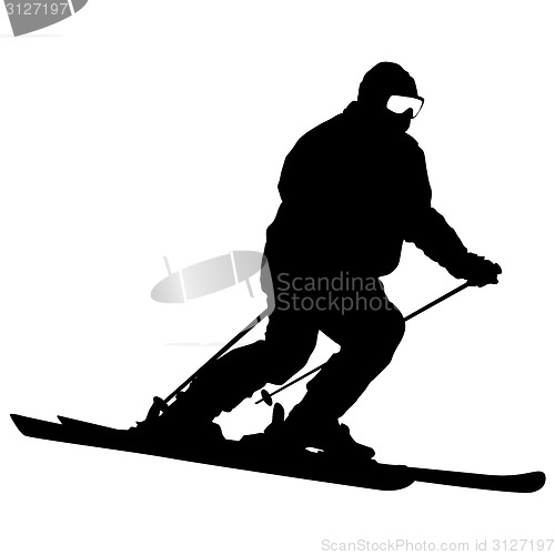 Image of Mountain skier  speeding down slope. Vector sport silhouette.