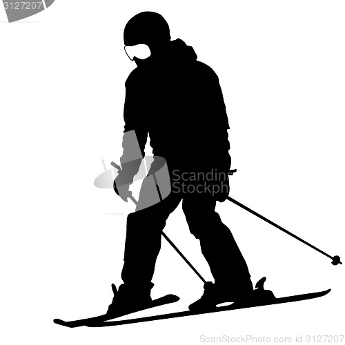 Image of Mountain skier  speeding down slope. Vector sport silhouette.