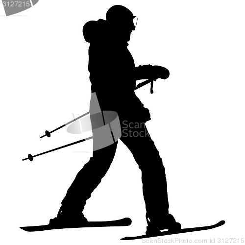 Image of Mountain skier  speeding down slope. Vector sport silhouette.