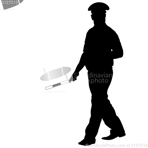 Image of Black silhouettes of Police officer  with a rod on white backgro