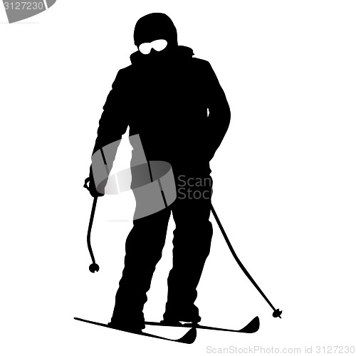 Image of Mountain skier  speeding down slope. Vector sport silhouette.