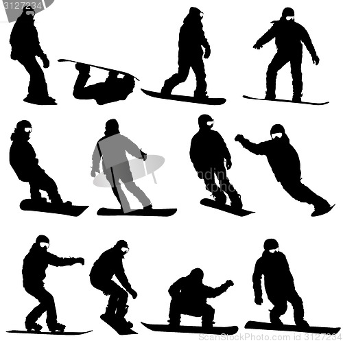 Image of Black silhouettes set snowboarders on white background. Vector i