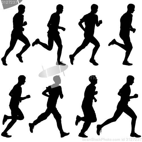 Image of Set of silhouettes. Runners on sprint, men. vector illustration.